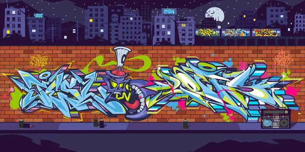 Graffiti stěna s kresbami v noci na pozadí vektorové ilustrace — Stockový vektor