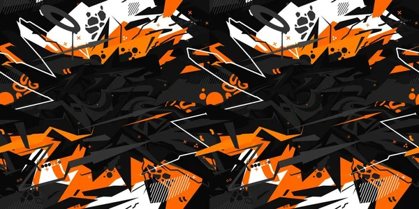 シームレスなサイバーパンクオレンジと白と黒の抽象的な落書きスタイルのパターンベクトルイラストアート — ストックベクタ