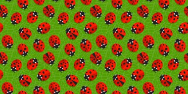 Yeşil Yaprak Vektör Resimlerinde Kırmızı Uğur Böcekleriyle İlkbahar ya da Yaz Kusursuz Desen Arkaplanı