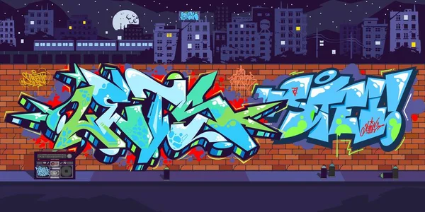 Pared de graffiti urbano al aire libre con dibujos en la noche contra el fondo del paisaje urbano Vector Illustration Art — Vector de stock
