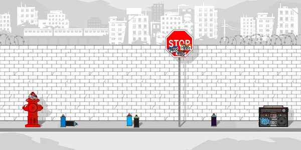 Renkli elementler ve Şehir Vektörü İllüstrasyonunun arkaplanı içeren tuğla duvar boyama sayfası 