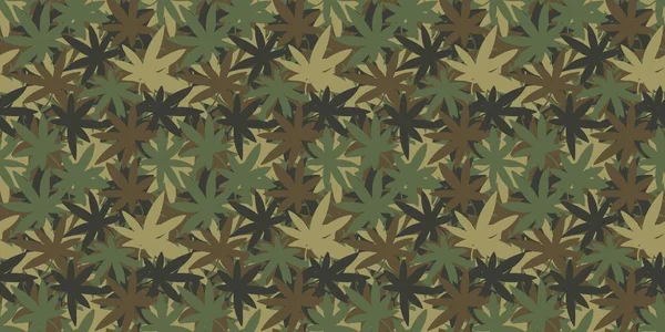 Trendy Abstract Khaki Texture Camouflage With Cannabis Leaves Seamless Pattern Background Vector Illustration — Stock Vector