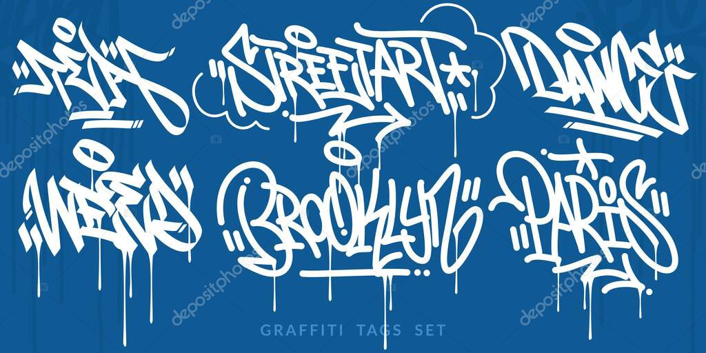 Flat Abstract Handwritten Hip Hop Urban Street Art Graffiti Style Words Vector Illustration Set