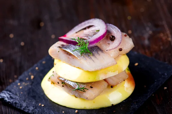 Appetizer canape with herring, apples — Stock Photo, Image