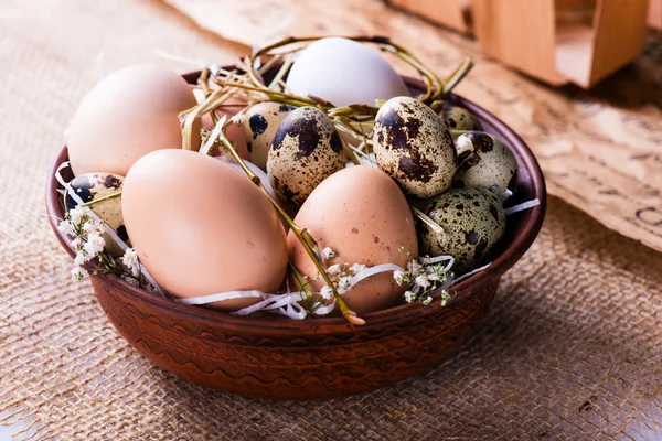 Pile d'œufs frais de poule et de caille dans un bol brun — Photo