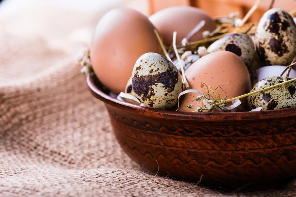 Pile d'œufs frais de poule et de caille dans un bol brun — Photo