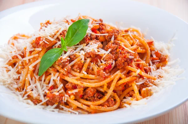 Spaghetti bolognese on white plate — Stock Photo, Image