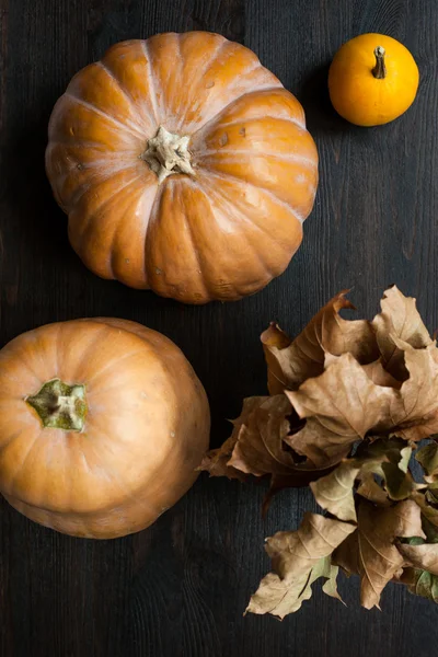 Grandes citrouilles sur une table en bois, décor — Photo