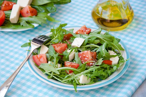 Greece salad with mozzarella, ruccola and tomatoes — Stock Photo, Image