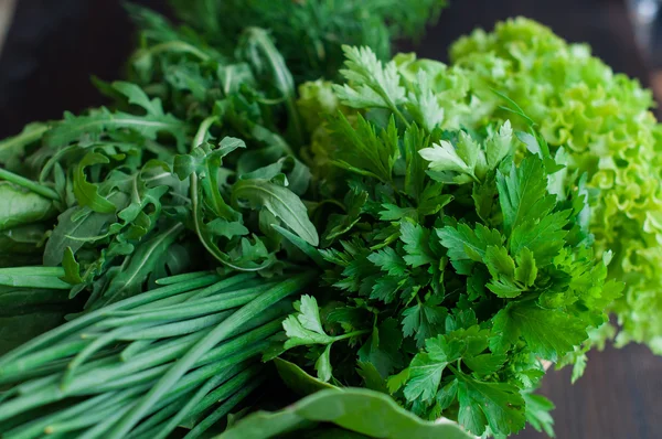 Verduras frescas con lechuga, menta, eneldo y perejil, cebolla de primavera — Foto de Stock