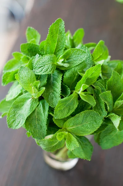 Fresh mint leaves on a wooden background — Stock Photo, Image