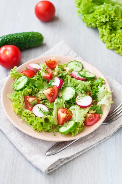 Tomato and cucumber salad with lettuce leafes — Stock Photo, Image