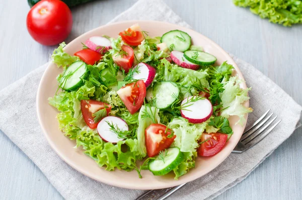 Tomato and cucumber salad with lettuce leafes — Stock Photo, Image