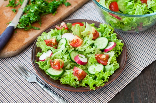 Tomato and cucumber salad with lettuce leafes — Stock Photo, Image