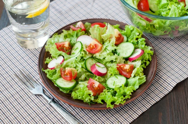 Tomato and cucumber salad with lettuce leafes — Stock Photo, Image