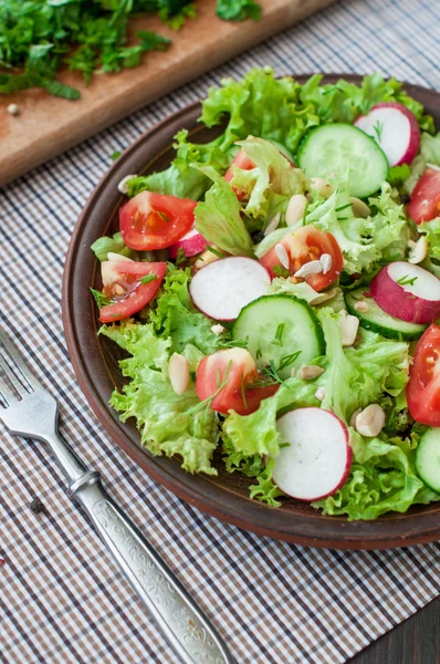 Tomato and cucumber salad with lettuce leafes — Stock Photo, Image