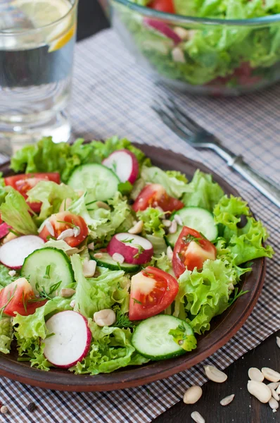 Tomato and cucumber salad with lettuce leafes — Stock Photo, Image