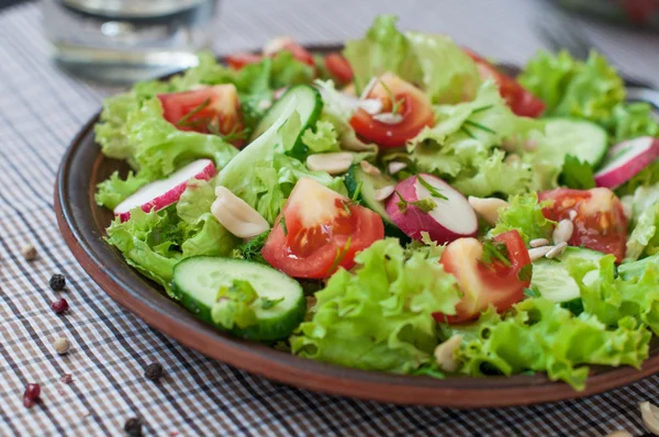 Salade de tomates et de concombre avec feuilles de laitue — Photo