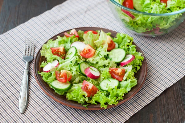 Tomato and cucumber salad with lettuce leafes — Stock Photo, Image