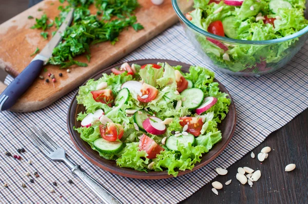 Tomat, gurka, sallad med sallad leafes — Stockfoto