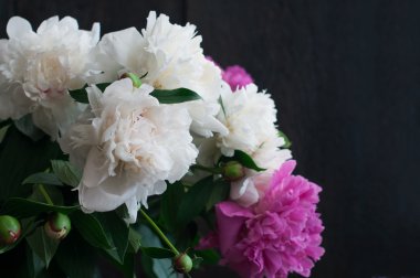 rustik ahşap arka plan üzerinde beyaz ve pembe peonies