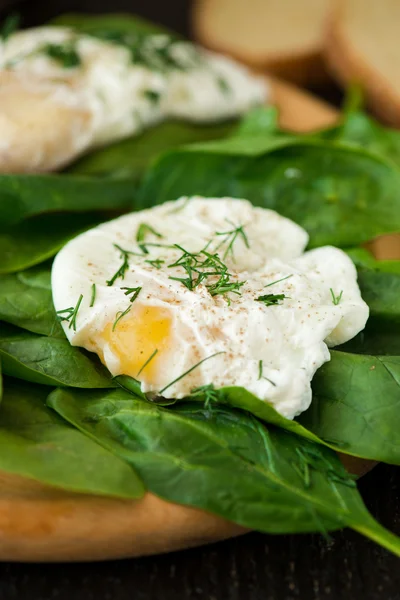 Huevo escalfado en un pedazo de pan con espinacas sobre la mesa — Foto de Stock