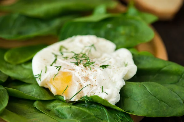 Sázená vejce na kousek chleba s listovým špenátem na stůl — Stock fotografie