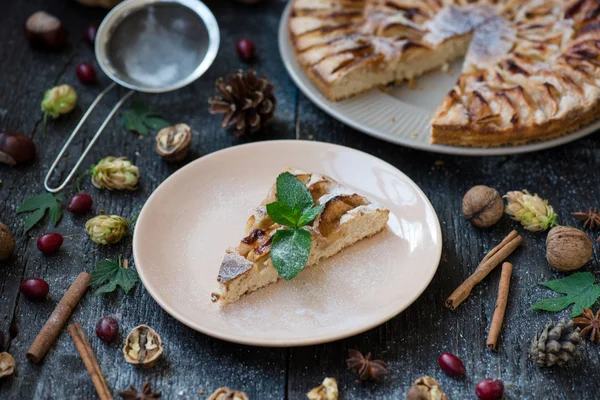 Slice of homemade apple pie with fresh apples — Stock Photo, Image