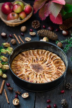Ev yapımı organik elmalı turta, yemeye hazır.
