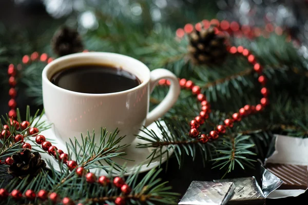 Holiday Christmas still life with cup of coffee and chocolate — Stock Photo, Image