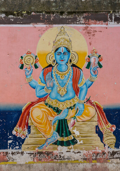 Wall painting shows sitting Lord Vishnu.