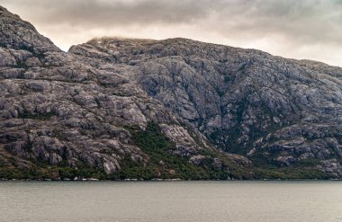 Sarmiento Kanalı, Şili - 11 Aralık 2008: Amalia Buzulu ve Fiyort. Gri kayalık kayalıklara ve üste yeşil yapraklı adanın kayalıklarına yakın çekim. Bulutlar tepede.