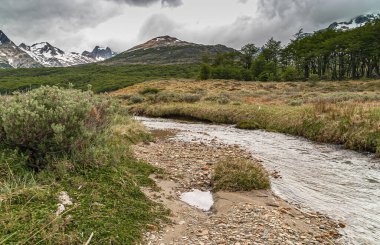 Ushuaia, Tierra del Fuego, Arjantin - 13 Aralık 2008: Doğa Koruma Alanındaki Dövüş Dağları. Çakıl taşları ve çayırlar arasında hızla akan dere. Bulutların altında karlı dağlar.