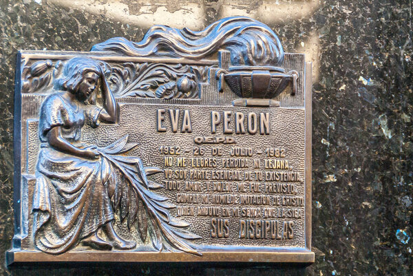 Buenos Aires, Argentiana- December 19, 2008: La Recoleta Cemetery. Closeup of 1 plaque for Evita Peron on Duarte Family mausoleum.