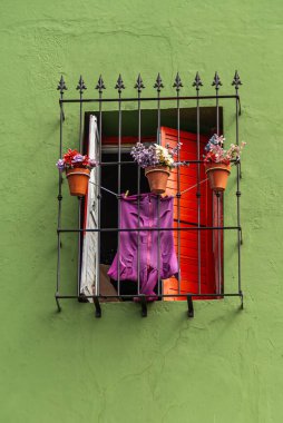 Buenos Aires, Arjantin 19 Aralık 2008, La Boca Mahallesi. Yeşil duvardaki dekore edilmiş kırmızı boyalı pencereler. Siyah çitli pembe çamaşırlar ve çiçek saksıları sergileniyor..