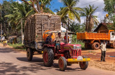 Chikkanayakanahalli, Karnataka, Hindistan - 3 Kasım 2013: Yoldaki kırmızı traktör hindistan cevizi kabuklarıyla dolu bir yük arabasını çeker. Mavi bulutların altında yeşil palmiye ağaçları. Turuncu çöp kamyonu ve insanlar.