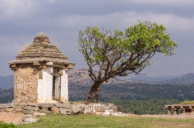 Hampi, Karnataka, Hindistan - 4 Kasım 2013: Moola Virupaksha Tapınağı 'nda bembeyaz boyalı bir tapınak ve mavi bulutların altında yeşil bir ağaç.