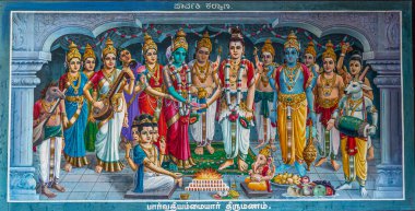 Kadirampura, Karnataka, Hindistan - 4 Kasım 2013: Sri Murugan Tapınağı. Murugan ve Valli 'nin düğününde hazır bulunan renkli resimler..