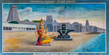 Kadirampura, Karnataka, Hindistan - 4 Kasım 2013: Sri Murugan Tapınağı. Murugan ve babası Shivalingam 'ın Tamil Nadu' daki Thiruvhandur Tapınağı yakınlarındaki kumsalda renkli resimleri..
