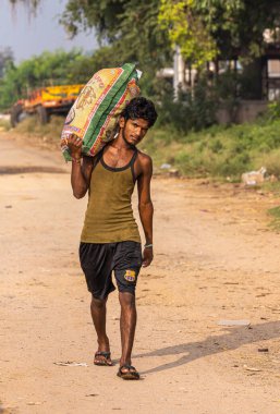 Patel Nagar, Karnataka, Hindistan - 9 Kasım 2013: Tungabhadra Kanalı boyunca. Genç adam omzunda büyük yeşil-sarı-kırmızı pirinç torbasıyla yürüyor. Yeşil yapraklar geri.