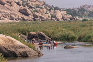 Anegundi, Karnataka, Hindistan - 9 Kasım 2013: Tungabhadra Nehri 'nde renkli elbiseli kadınlar çamaşır yıkıyor. Arka planda yeşil kamış ormanı ve arkasında kahverengi kaya dağı var..