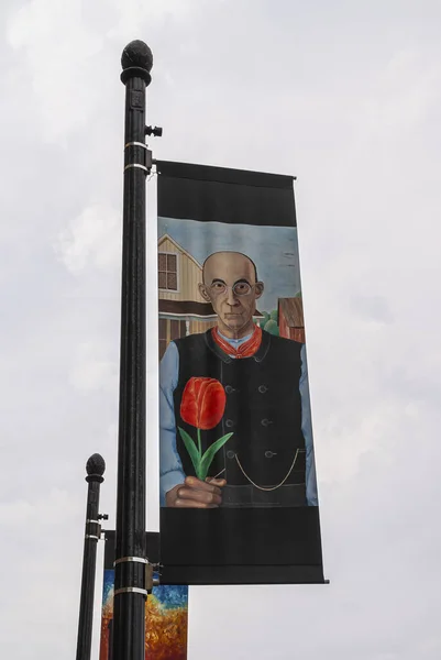 Holland Usa June 2008 Closeup Street Banner Colorful Painting Showing — Stock Photo, Image