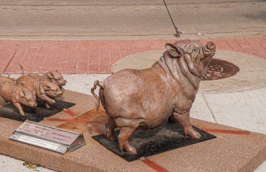Sioux Falls, SD, USA - June 2, 2008: Closeup of Petal and Piglets statue along street showing mother pig and 3 youngsters running to her. 