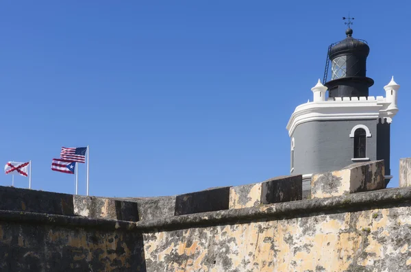 Lighthouse and flags on Castillo San Felipe del Morro. — Stock Photo, Image