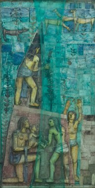 Napoli, İtalya - 17 Temmuz 2024: Via dei Greci ve Via Roberto Bracco kavşağındaki bina cephesinde yapılan sanat eserleri, heykeller, kadınlar, köpekler, geyikler ve bir çocuğu gösteriyor