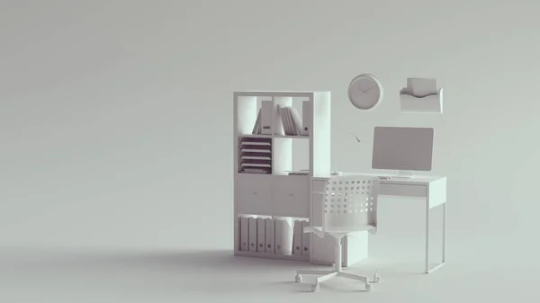 白色家庭办公室小办公桌和外壳简易安装程序3D插图 — 图库照片
