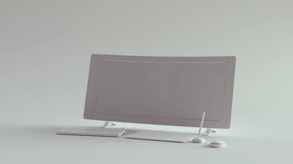 White Home Office Setup Monitor Ecran Lat Curbat Tastatură Tabletă — Fotografie, imagine de stoc