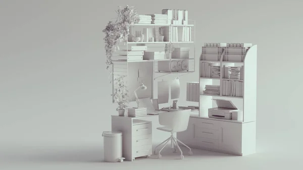 Branco Home Office Médio Espaço Canto Dimensionado Com Prateleiras Configuração — Fotografia de Stock