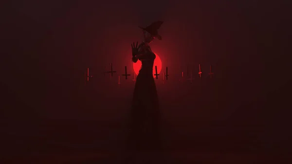 Witch Upside Floating Crosses Foggy Void Illustration Render — 스톡 사진