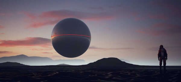 Icelandic Landscape Alien Sphere Man Hazmat Suit Sunrise Illustration Render — Stock Photo, Image